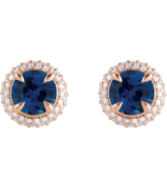 88808 Earring Set Lab-Grown Blue Sapphire Round 6.5 Mm 14K Rose Lab-Grown Diamond Pair Friction Backs Included Polished Lab-Grown Blue Sapphire And 12 Ctw Lab-Grown Diamond 4-Claw Prong Pre-Notched Double Halo-Style Earrings