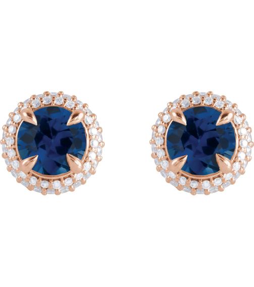 88808 Earring Set Lab-Grown Blue Sapphire Round 6.5 Mm 14K Rose Lab-Grown Diamond Pair Friction Backs Included Polished Lab-Grown Blue Sapphire And 12 Ctw Lab-Grown Diamond 4-Claw Prong Pre-Notched Double Halo-Style Earrings