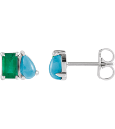 88705 Earring Set Lab-Grown Emerald Emerald 5 X 3 Mm Sterling Silver Natural Turquoise Pair Friction Backs Included Polished Lab-Grown Emerald And Natural Turquoise Stud Earrings