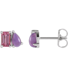 88705 Earring Set Natural Pink Tourmaline Emerald 5 X 3 Mm Sterling Silver Natural Amethyst Pair Friction Backs Included Polished Natural Pink Tourmaline And Natural Amethyst Stud Earrings