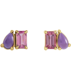 88705 Earring Set Natural Pink Tourmaline Emerald 5 X 3 Mm 14K Yellow Natural Amethyst Pair Friction Backs Included Polished Natural Pink Tourmaline And Natural Amethyst Stud Earrings