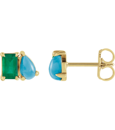 88705 Earring Set Lab-Grown Emerald Emerald 5 X 3 Mm 14K Yellow Natural Turquoise Pair Friction Backs Included Polished Lab-Grown Emerald And Natural Turquoise Stud Earrings