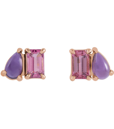 88705 Earring Set Natural Pink Tourmaline Emerald 5 X 3 Mm 14K Rose Natural Amethyst Pair Friction Backs Included Polished Natural Pink Tourmaline And Natural Amethyst Stud Earrings