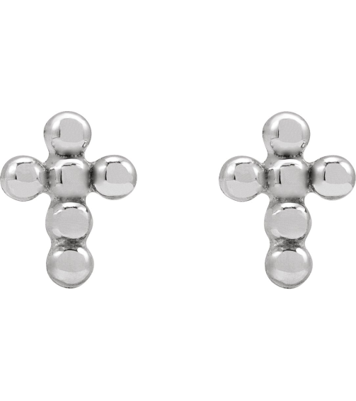 R50056 Earring 14K White 6.5 X 4.9 Mm Pair Press Fit Back Included 6 Mm Polished Beaded Cross Press Fit Stud Earrings