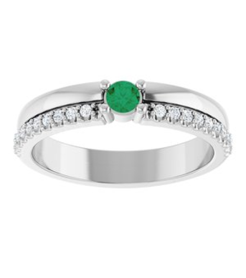 72409 Set Sterling Silver 1-Stone Round 3 Mm Lab-Grown Emerald Natural Diamond Polished Lab-Grown Emerald And 18 Ctw Natural Diamond Family Ring