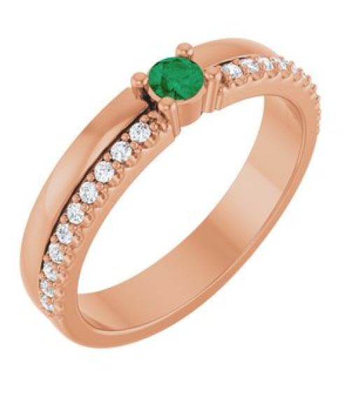 72409 Set 14K Rose 1-Stone Round 3 Mm Lab-Grown Emerald Natural Diamond Polished Lab-Grown Emerald And 18 Ctw Natural Diamond Family Ring