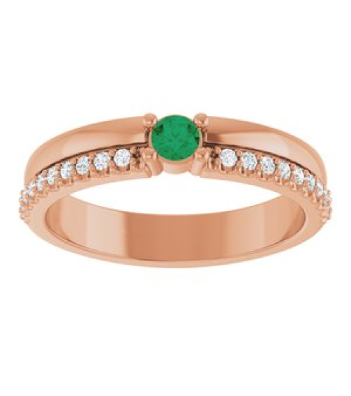 72409 Set 14K Rose 1-Stone Round 3 Mm Lab-Grown Emerald Natural Diamond Polished Lab-Grown Emerald And 18 Ctw Natural Diamond Family Ring