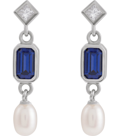 88790 Earring Set Lab-Grown Blue Sapphire Emerald 5 X 3 Mm Platinum Cultured White Akoya Pearl Pair Friction Backs Included Polished Lab-Grown Blue Sapphire And .05 Ctw Natural Diamond And Cultured Pearl Dangle Earrings