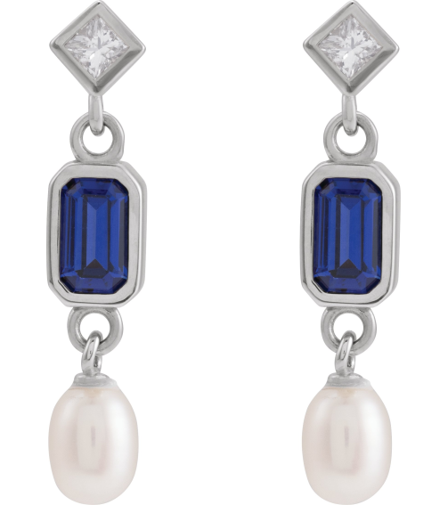 88790 Earring Set Lab-Grown Blue Sapphire Emerald 5 X 3 Mm Platinum Cultured White Akoya Pearl Pair Friction Backs Included Polished Lab-Grown Blue Sapphire And .05 Ctw Natural Diamond And Cultured Pearl Dangle Earrings