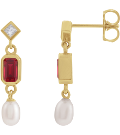 88790 Earring Set Lab-Grown Ruby Emerald 5 X 3 Mm 14K Yellow Cultured White Akoya Pearl Pair Friction Backs Included Polished Lab-Grown Ruby And .05 Ctw Natural Diamond And Cultured Pearl Dangle Earrings