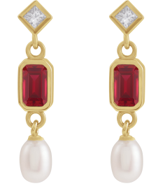 88790 Earring Set Lab-Grown Ruby Emerald 5 X 3 Mm 14K Yellow Cultured White Akoya Pearl Pair Friction Backs Included Polished Lab-Grown Ruby And .05 Ctw Natural Diamond And Cultured Pearl Dangle Earrings