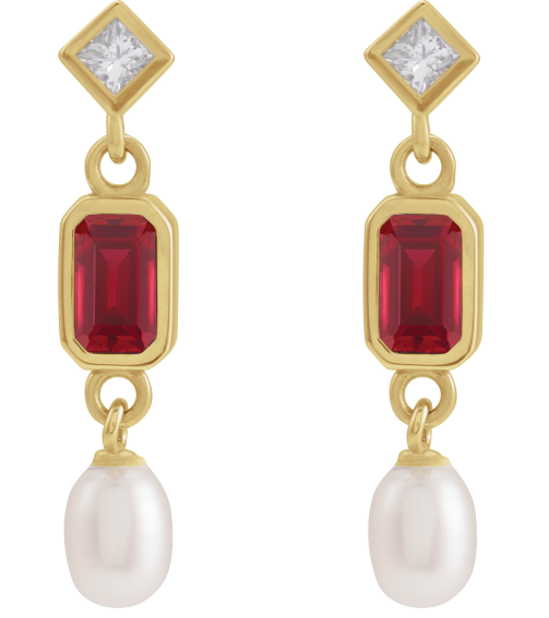 88790 Earring Set Lab-Grown Ruby Emerald 5 X 3 Mm 14K Yellow Cultured White Akoya Pearl Pair Friction Backs Included Polished Lab-Grown Ruby And .05 Ctw Natural Diamond And Cultured Pearl Dangle Earrings