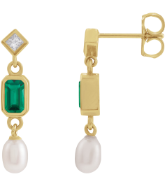 88790 Earring Set Lab-Grown Emerald Emerald 5 X 3 Mm 14K Yellow Cultured White Akoya Pearl Pair Friction Backs Included Polished Lab-Grown Emerald And .05 Ctw Natural Diamond And Cultured Pearl Dangle Earrings