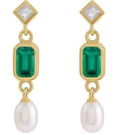 88790 Earring Set Lab-Grown Emerald Emerald 5 X 3 Mm 14K Yellow Cultured White Akoya Pearl Pair Friction Backs Included Polished Lab-Grown Emerald And .05 Ctw Natural Diamond And Cultured Pearl Dangle Earrings
