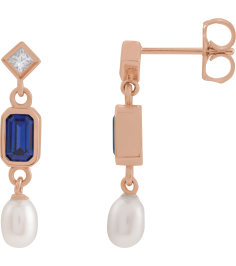 88790 Earring Set Lab-Grown Blue Sapphire Emerald 5 X 3 Mm 14K Rose Cultured White Akoya Pearl Pair Friction Backs Included Polished Lab-Grown Blue Sapphire And .05 Ctw Natural Diamond And Cultured Pearl Dangle Earrings