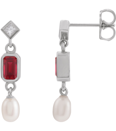88790 Earring Set Lab-Grown Ruby Emerald 5 X 3 Mm Sterling Silver Cultured White Akoya Pearl Pair Friction Backs Included Polished Lab-Grown Ruby And .05 Ctw Natural Diamond And Cultured Pearl Dangle Earrings