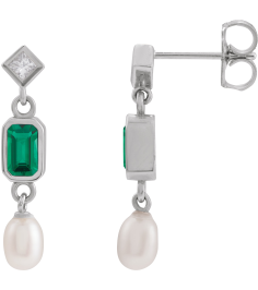 88790 Earring Set Lab-Grown Emerald Emerald 5 X 3 Mm 14K White Cultured White Akoya Pearl Pair Friction Backs Included Polished Lab-Grown Emerald And .05 Ctw Natural Diamond And Cultured Pearl Dangle Earrings