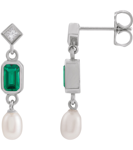 88790 Earring Set Lab-Grown Emerald Emerald 5 X 3 Mm 14K White Cultured White Akoya Pearl Pair Friction Backs Included Polished Lab-Grown Emerald And .05 Ctw Natural Diamond And Cultured Pearl Dangle Earrings