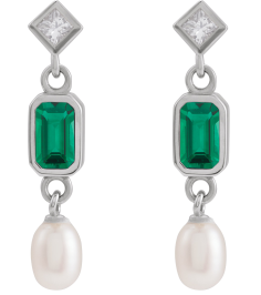 88790 Earring Set Lab-Grown Emerald Emerald 5 X 3 Mm 14K White Cultured White Akoya Pearl Pair Friction Backs Included Polished Lab-Grown Emerald And .05 Ctw Natural Diamond And Cultured Pearl Dangle Earrings