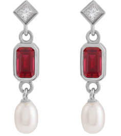 88790 Earring Set Lab-Grown Ruby Emerald 5 X 3 Mm Platinum Cultured White Akoya Pearl Pair Friction Backs Included Polished Lab-Grown Ruby And .05 Ctw Natural Diamond And Cultured Pearl Dangle Earrings