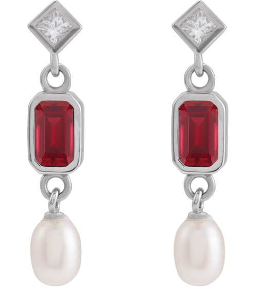 88790 Earring Set Lab-Grown Ruby Emerald 5 X 3 Mm Platinum Cultured White Akoya Pearl Pair Friction Backs Included Polished Lab-Grown Ruby And .05 Ctw Natural Diamond And Cultured Pearl Dangle Earrings