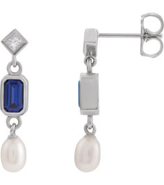 88790 Earring Set Lab-Grown Blue Sapphire Emerald 5 X 3 Mm 14K White Cultured White Akoya Pearl Pair Friction Backs Included Polished Lab-Grown Blue Sapphire And .05 Ctw Natural Diamond And Cultured Pearl Dangle Earrings