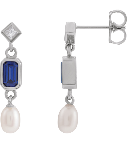 88790 Earring Set Lab-Grown Blue Sapphire Emerald 5 X 3 Mm 14K White Cultured White Akoya Pearl Pair Friction Backs Included Polished Lab-Grown Blue Sapphire And .05 Ctw Natural Diamond And Cultured Pearl Dangle Earrings