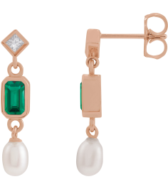 88790 Earring Set Lab-Grown Emerald Emerald 5 X 3 Mm 14K Rose Cultured White Akoya Pearl Pair Friction Backs Included Polished Lab-Grown Emerald And .05 Ctw Natural Diamond And Cultured Pearl Dangle Earrings