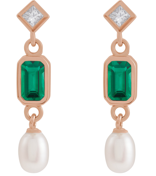 88790 Earring Set Lab-Grown Emerald Emerald 5 X 3 Mm 14K Rose Cultured White Akoya Pearl Pair Friction Backs Included Polished Lab-Grown Emerald And .05 Ctw Natural Diamond And Cultured Pearl Dangle Earrings