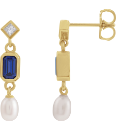 88790 Earring Set Lab-Grown Blue Sapphire Emerald 5 X 3 Mm 14K Yellow Cultured White Akoya Pearl Pair Friction Backs Included Polished Lab-Grown Blue Sapphire And .05 Ctw Natural Diamond And Cultured Pearl Dangle Earrings