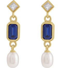 88790 Earring Set Lab-Grown Blue Sapphire Emerald 5 X 3 Mm 14K Yellow Cultured White Akoya Pearl Pair Friction Backs Included Polished Lab-Grown Blue Sapphire And .05 Ctw Natural Diamond And Cultured Pearl Dangle Earrings