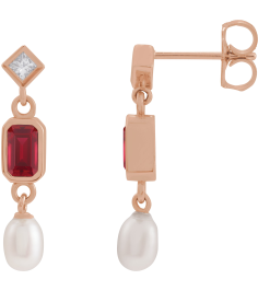 88790 Earring Set Lab-Grown Ruby Emerald 5 X 3 Mm 14K Rose Cultured White Akoya Pearl Pair Friction Backs Included Polished Lab-Grown Ruby And .05 Ctw Natural Diamond And Cultured Pearl Dangle Earrings