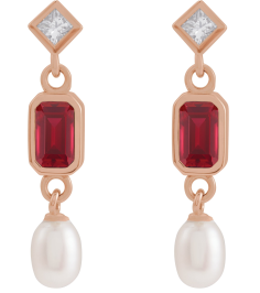 88790 Earring Set Lab-Grown Ruby Emerald 5 X 3 Mm 14K Rose Cultured White Akoya Pearl Pair Friction Backs Included Polished Lab-Grown Ruby And .05 Ctw Natural Diamond And Cultured Pearl Dangle Earrings