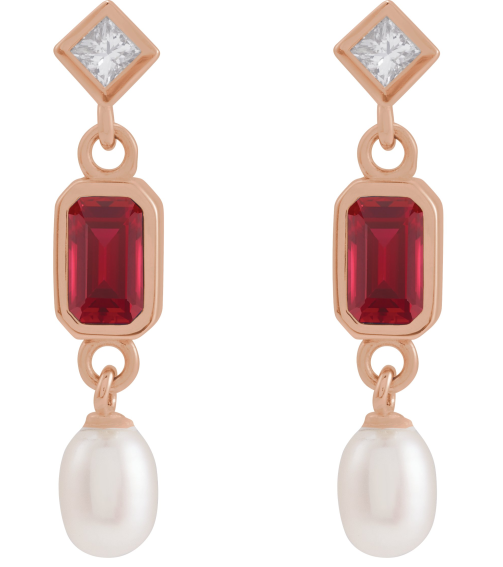 88790 Earring Set Lab-Grown Ruby Emerald 5 X 3 Mm 14K Rose Cultured White Akoya Pearl Pair Friction Backs Included Polished Lab-Grown Ruby And .05 Ctw Natural Diamond And Cultured Pearl Dangle Earrings