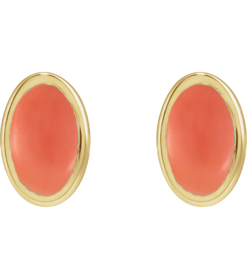 23489 14K Yellow Set Oval Natural Pink Coral Pair 5 X 3 Mm Friction Friction Backs Included Bezel Polished Natural Cabochon Pink Coral Bezel Earrings