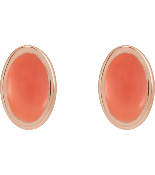 23489 14K Rose Set Oval Natural Pink Coral Pair 5 X 3 Mm Friction Friction Backs Included Bezel Polished Natural Cabochon Pink Coral Bezel Earrings