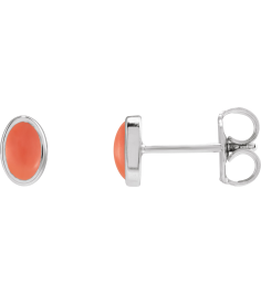 23489 Sterling Silver Set Oval Natural Pink Coral Pair 6 X 4 Mm Friction Friction Backs Included Bezel Polished Natural Cabochon Pink Coral Bezel Earrings