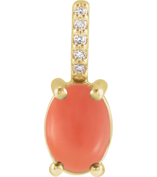 88500 Pendant Set 14K Yellow Oval Natural Pink Coral 7 X 5Mm 0.02 Ctw Natural Diamond None Polished Natural Pink Coral And .02 Ctw Natural Diamond Cabochon Pendant