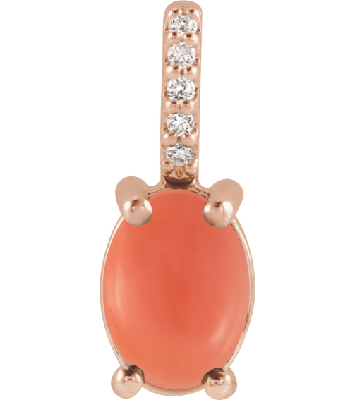 88500 Pendant Set 14K Rose Oval Natural Pink Coral 7 X 5Mm 0.02 Ctw Natural Diamond None Polished Natural Pink Coral And .02 Ctw Natural Diamond Cabochon Pendant