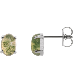 88708 14K White Set Oval Natural Moss Agate Pair 7 X 5 Mm None Friction Friction Backs Included 4-Prong Polished Natural Moss Agate Cabochon 4-Prong Stud Earrings
