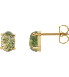 88708 14K Yellow Set Oval Natural Moss Agate Pair 7 X 5 Mm None Friction Friction Backs Included 4-Prong Polished Natural Moss Agate Cabochon 4-Prong Stud Earrings