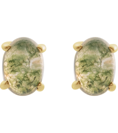 88708 14K Yellow Set Oval Natural Moss Agate Pair 7 X 5 Mm None Friction Friction Backs Included 4-Prong Polished Natural Moss Agate Cabochon 4-Prong Stud Earrings