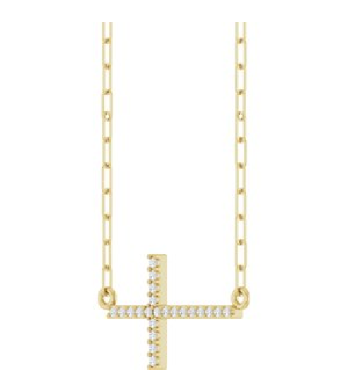 R50063 Necklace Set 14K Yellow Round Natural Diamond 19.3 X 10.8 Mm 1Mm 0.08 Ctw I1, G-H 18 In Polished .08 Ctw Natural Diamond Sideways Cross Paperclip Necklace
