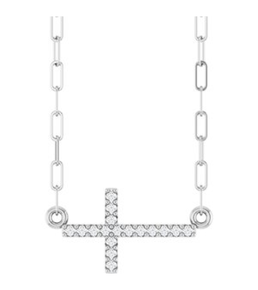 R50063 Necklace Set 14K White Round Natural Diamond 16 X 8.2 Mm 1Mm 0.06 Ctw I1, G-H 18 In Polished .06 Ctw Natural Diamond Sideways Cross Paperclip Necklace