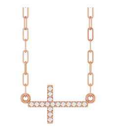 R50063 Necklace Set 14K Rose Round Natural Diamond 16 X 8.2 Mm 1Mm 0.06 Ctw I1, G-H 18 In Polished .06 Ctw Natural Diamond Sideways Cross Paperclip Necklace