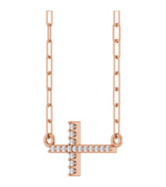 R50063 Necklace Set 14K Rose Round Natural Diamond 16 X 8.2 Mm 1Mm 0.06 Ctw I1, G-H 18 In Polished .06 Ctw Natural Diamond Sideways Cross Paperclip Necklace
