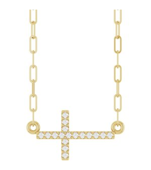 R50063 Necklace Set 14K Yellow Round Natural Diamond 16 X 8.2 Mm 1Mm 0.06 Ctw I1, G-H 18 In Polished .06 Ctw Natural Diamond Sideways Cross Paperclip Necklace