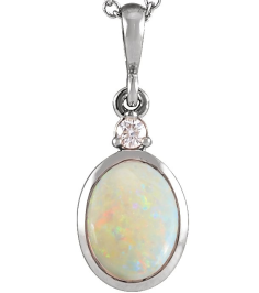 87438 Pendant Set 14K White Oval Natural White Opal 12 X 10Mm 0.03 Ct Natural Diamond I1, G-H Polished Natural White Opal And .03 Ct Natural Diamond Bezel-Set Cabochon Pendant