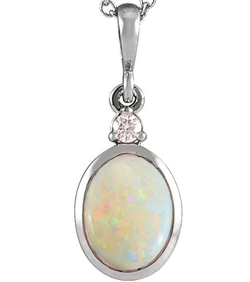 87438 Pendant Set 14K White Oval Natural White Opal 12 X 10Mm 0.03 Ct Natural Diamond I1, G-H Polished Natural White Opal And .03 Ct Natural Diamond Bezel-Set Cabochon Pendant