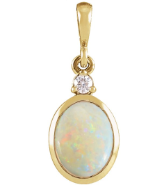 87438 Pendant Set 14K Yellow Oval Natural White Opal 12 X 10Mm 0.03 Ct Natural Diamond I1, G-H Polished Natural White Opal And .03 Ct Natural Diamond Bezel-Set Cabochon Pendant